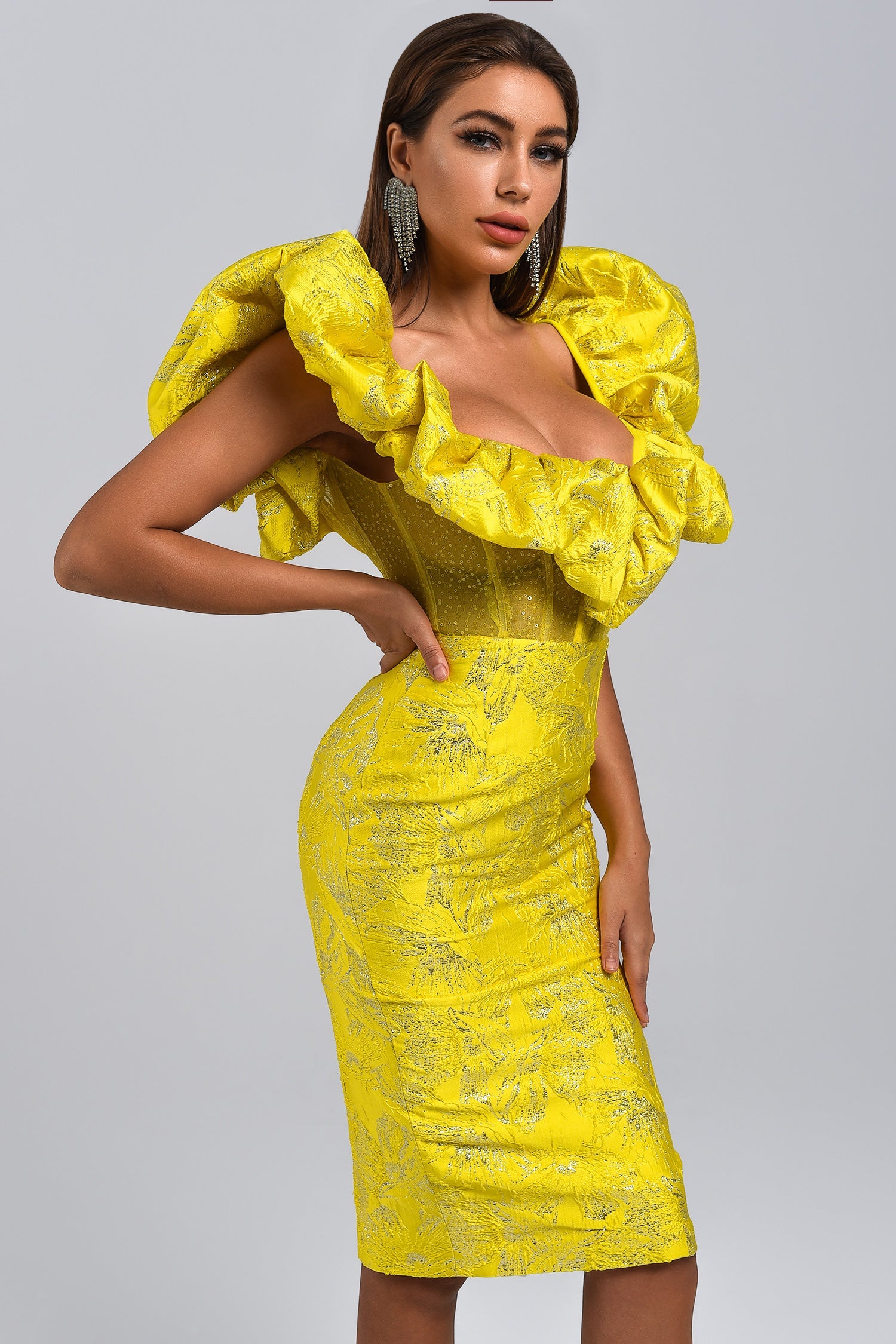 Vespera Jacquard Yellow Midi Label Dress