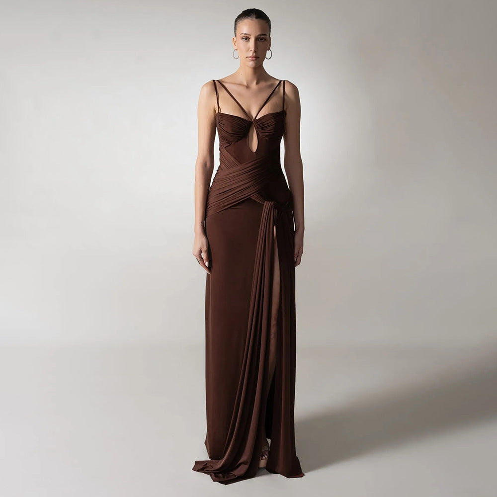 Chocolate Ruched Cutout Gown