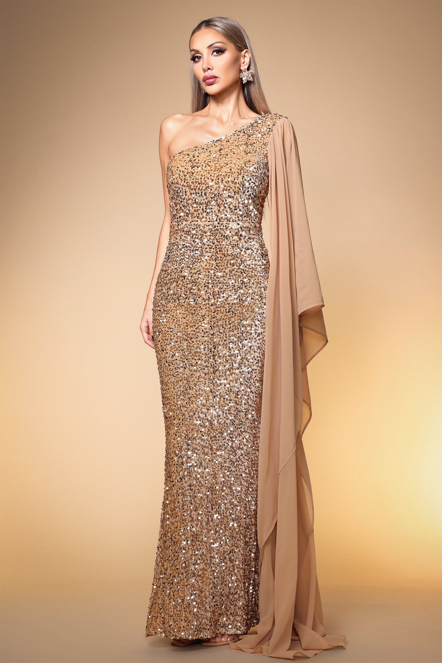 Gold Sequin One-Shoulder Mermaid Gown