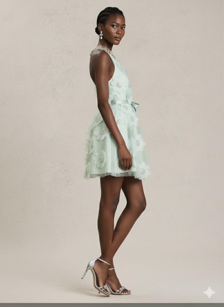 Aqua Petal Tulle Mini Dress