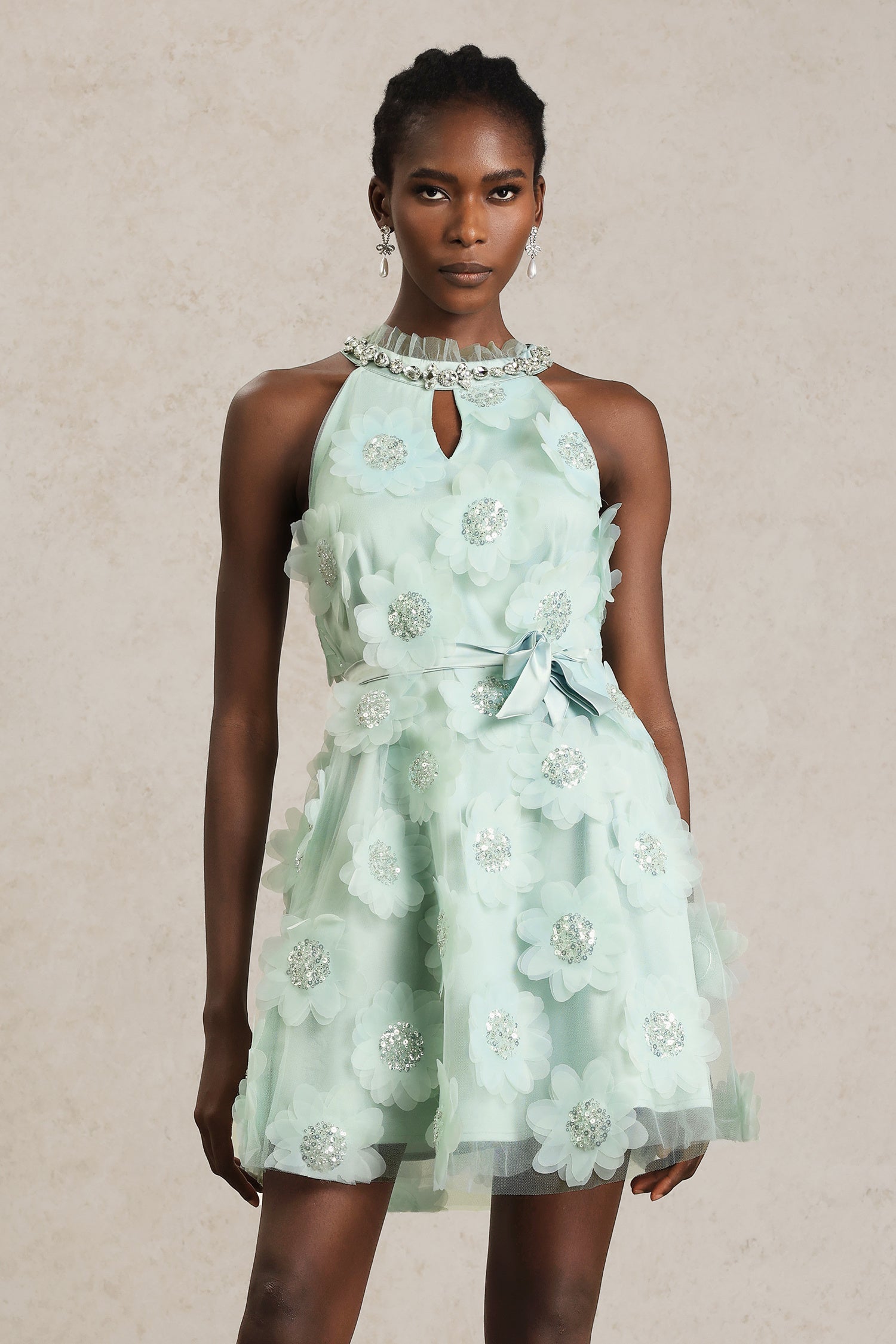 Aqua Petal Tulle Mini Dress