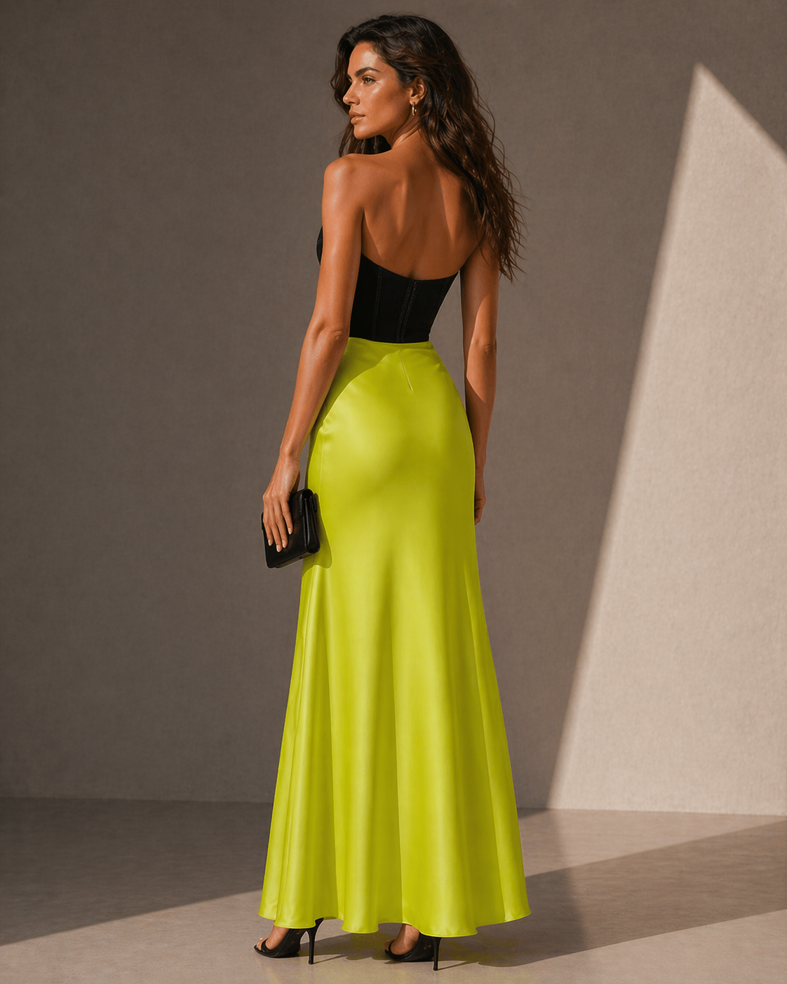 Black Bustier Cut-Out Neon Yellow Maxi Dress