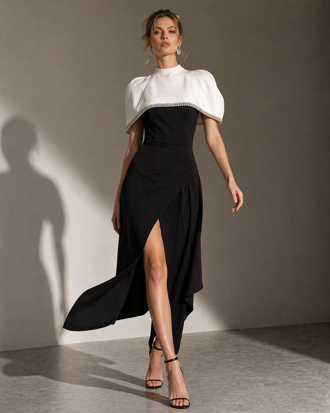 Two-Tone Embellished Capelet Midi Dress