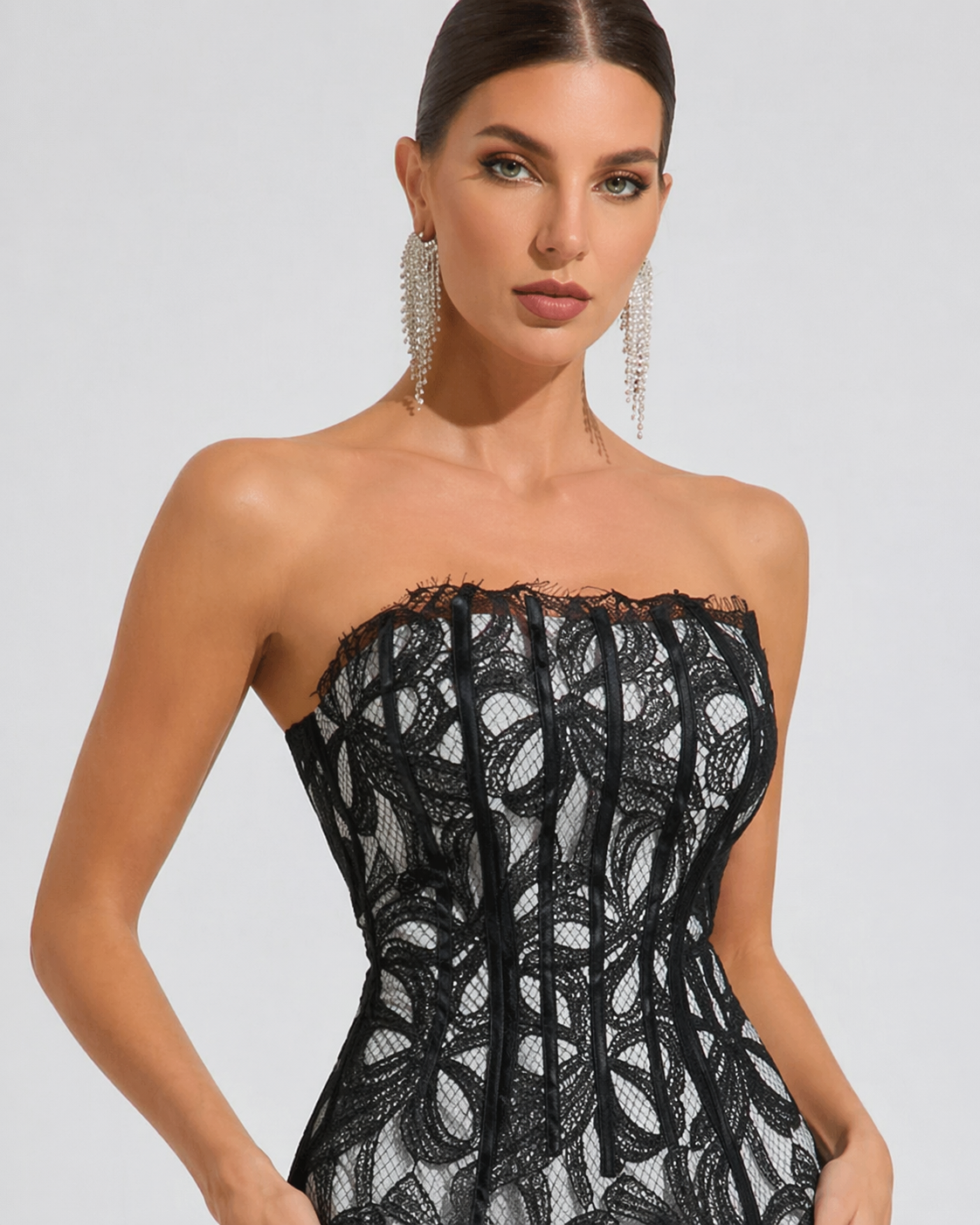 Lace Embroidered Strapless Long Dress