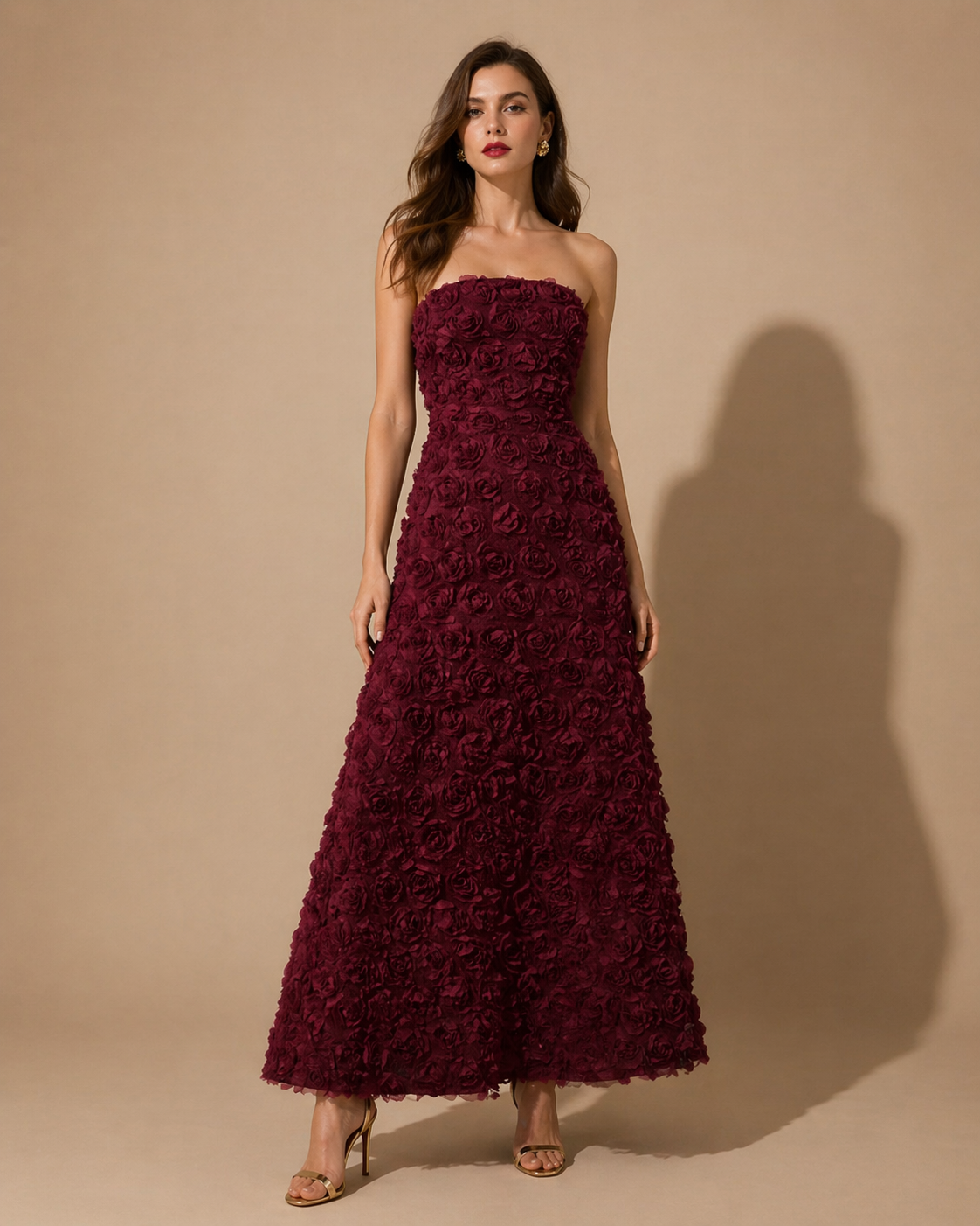 Deep Wine Blossom Strapless Gown