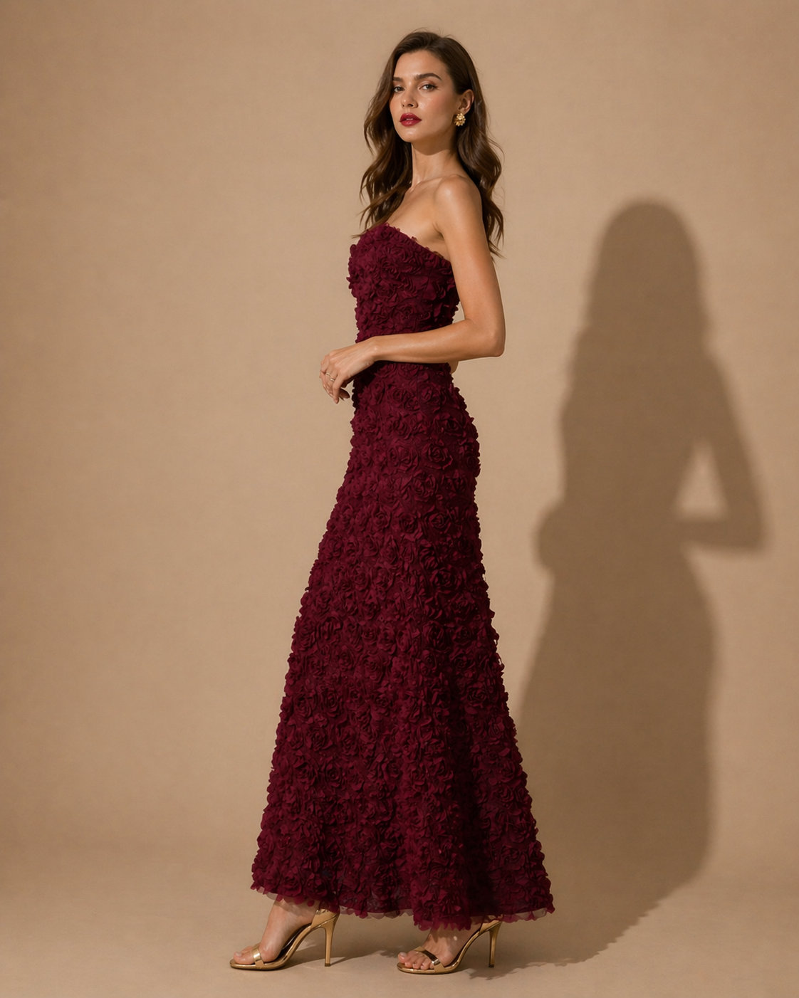 Deep Wine Blossom Strapless Gown