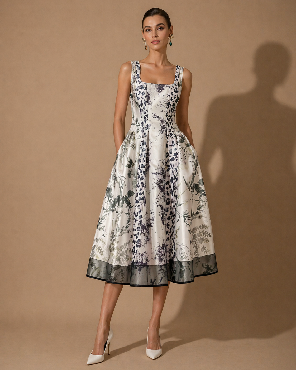 Sophisticated Mixed-Print Midi Dress