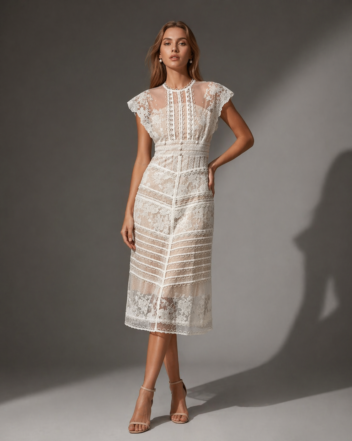 Blush Lace Midi Cocktail Dress