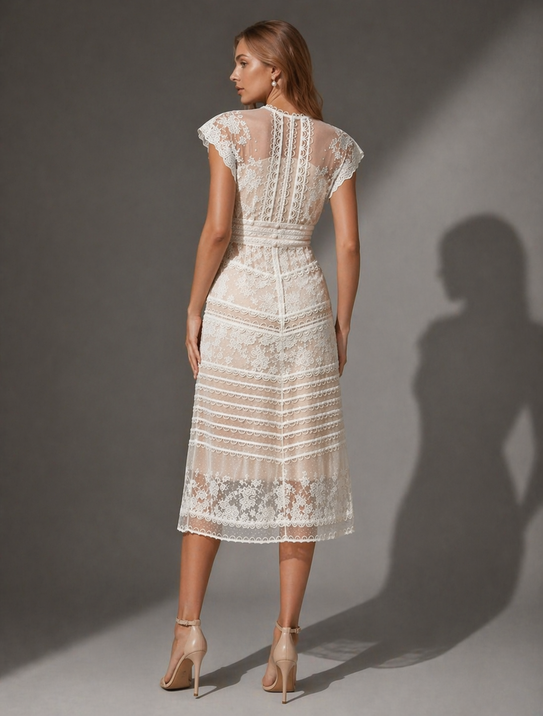 Blush Lace Midi Cocktail Dress