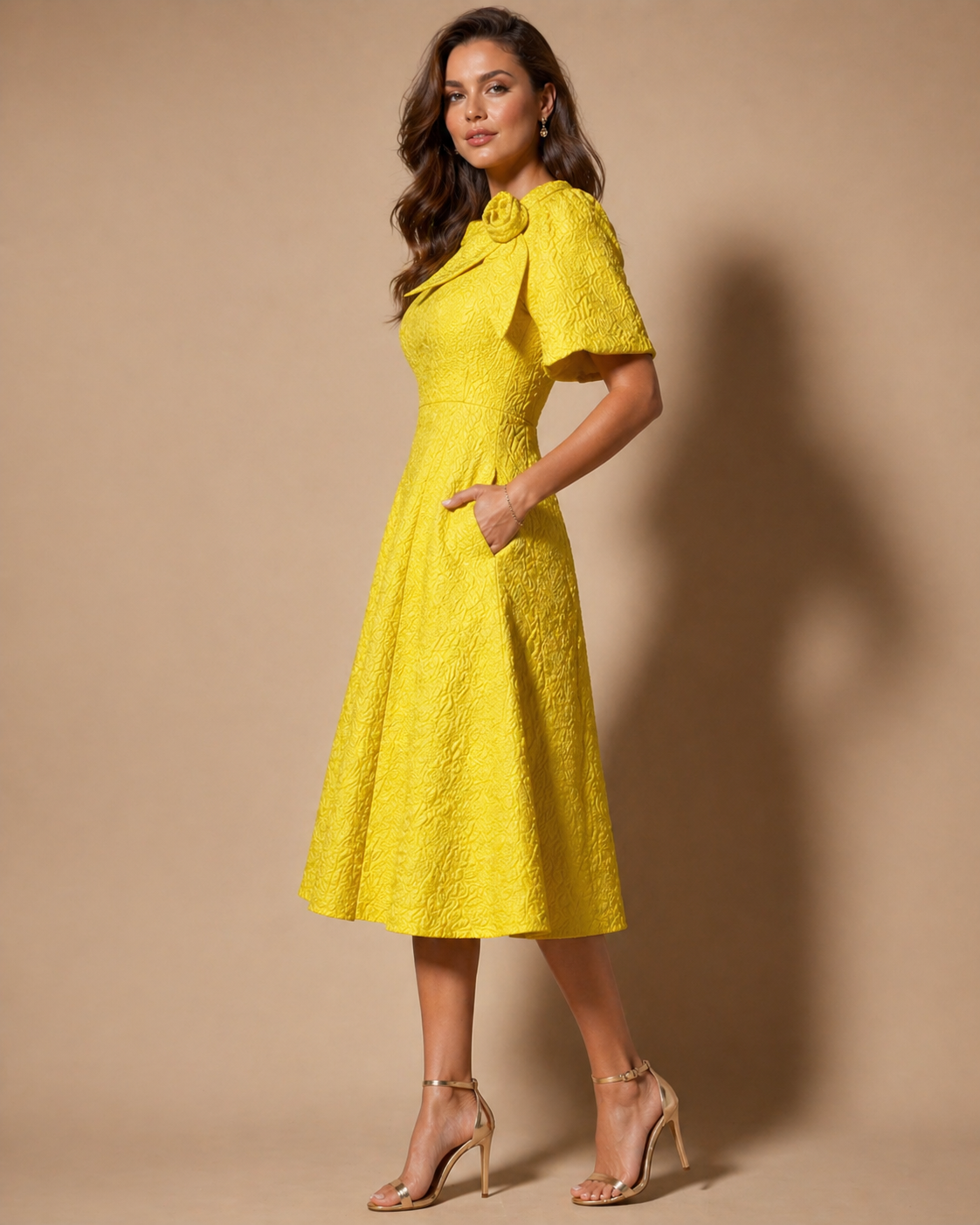 Golden Grace Bow-Detail Midi Dress