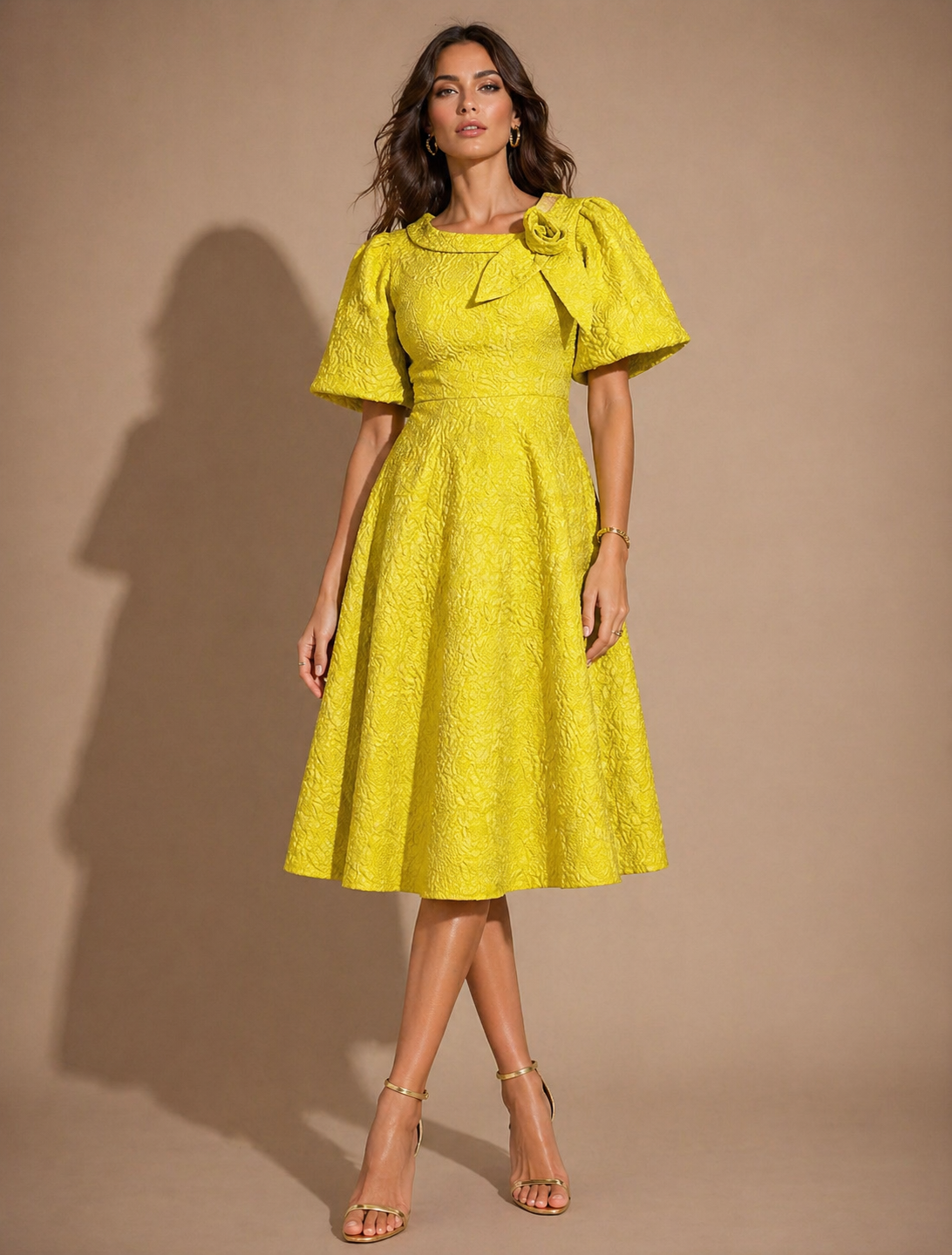 Golden Grace Bow-Detail Midi Dress