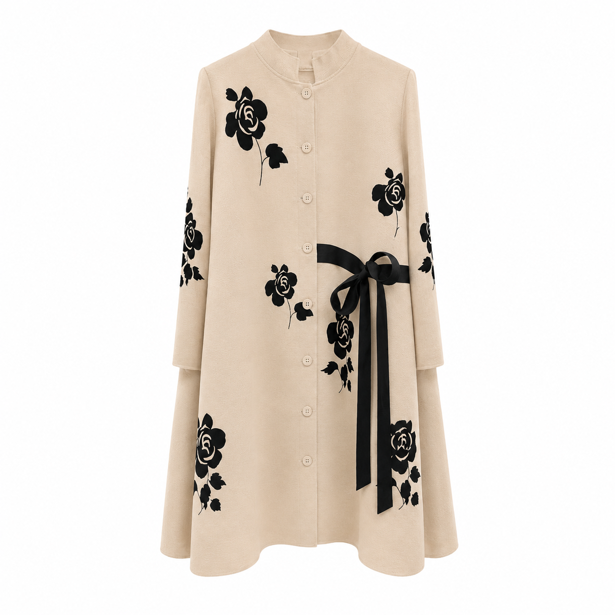 Écloré ivory button-front tunic dress with long sleeves, floral print, and waist bow