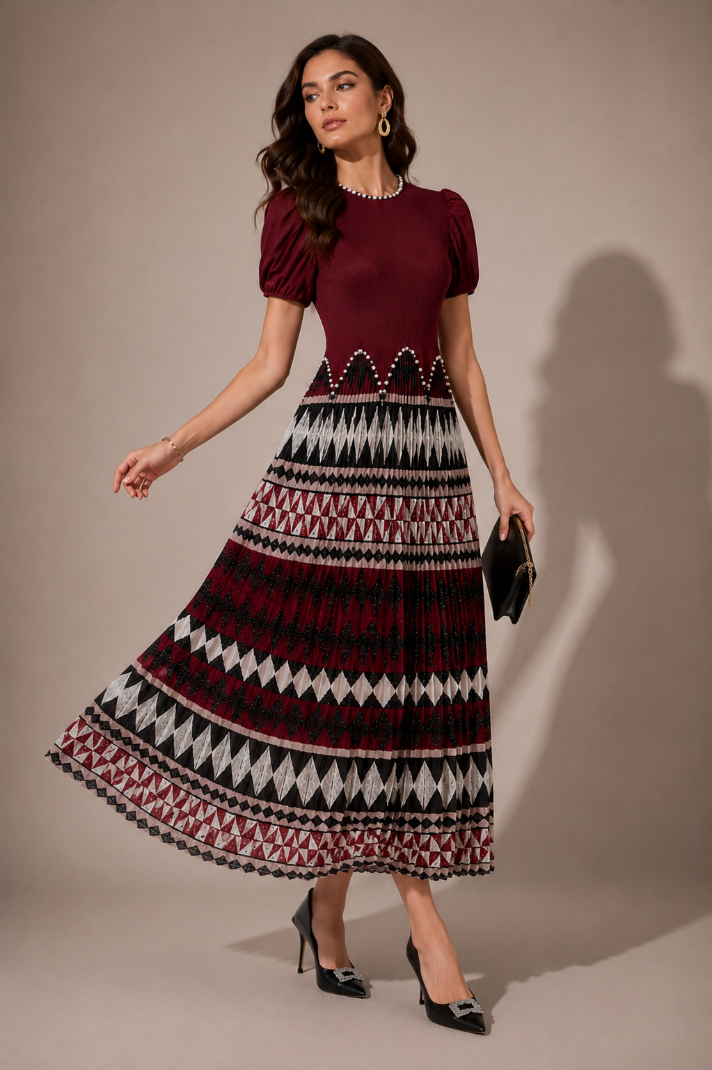 Maroon geometric midi dress with puff sleeves, embroidered hem, and flared skirt
