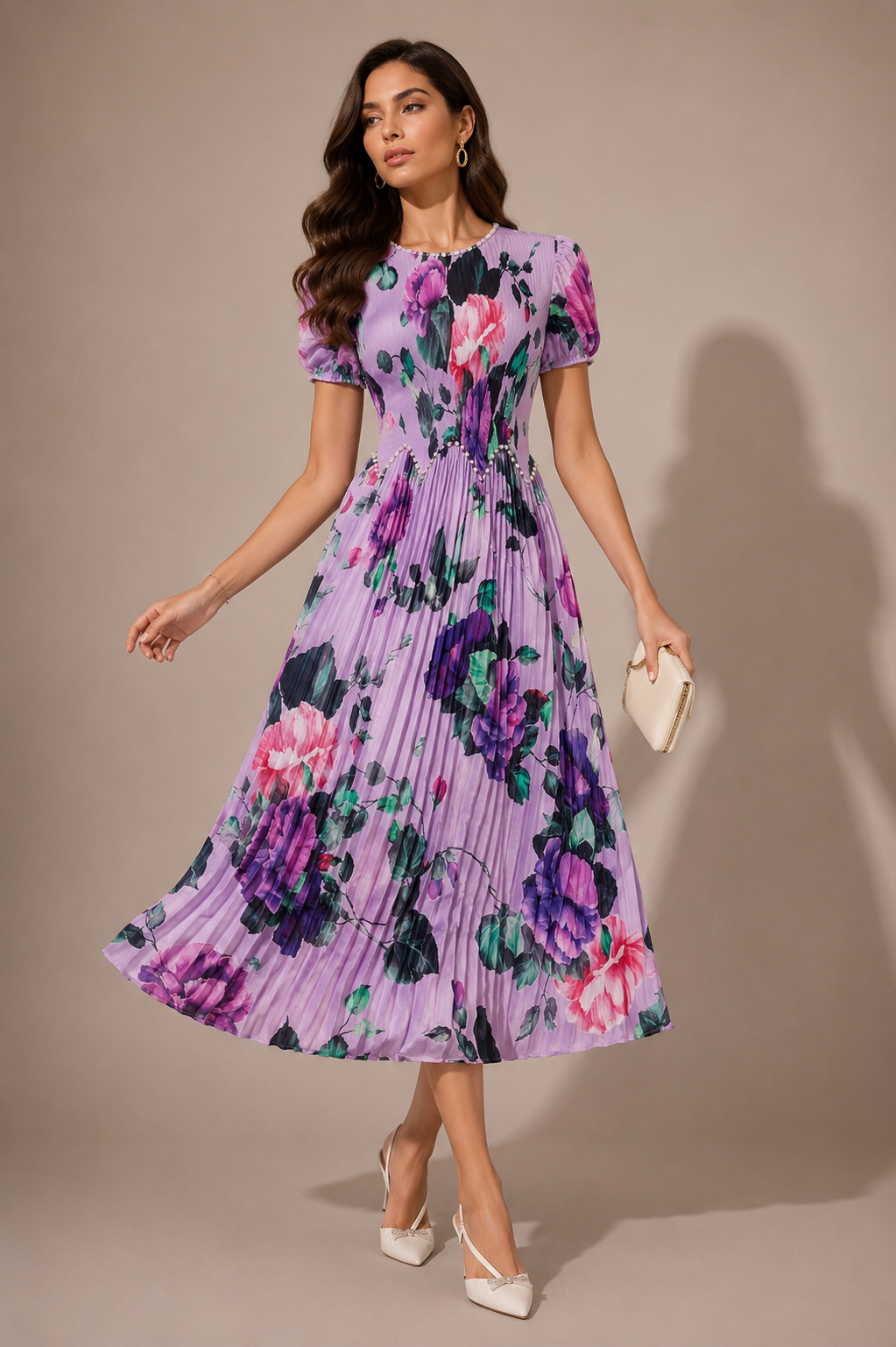 Purple floral midi dress with gathered waist, puff sleeves, and twirly skirt