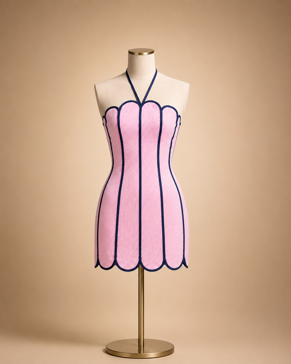Seashell mini dress on mannequin: light pink with navy outlines, scalloped hem and halter tie.