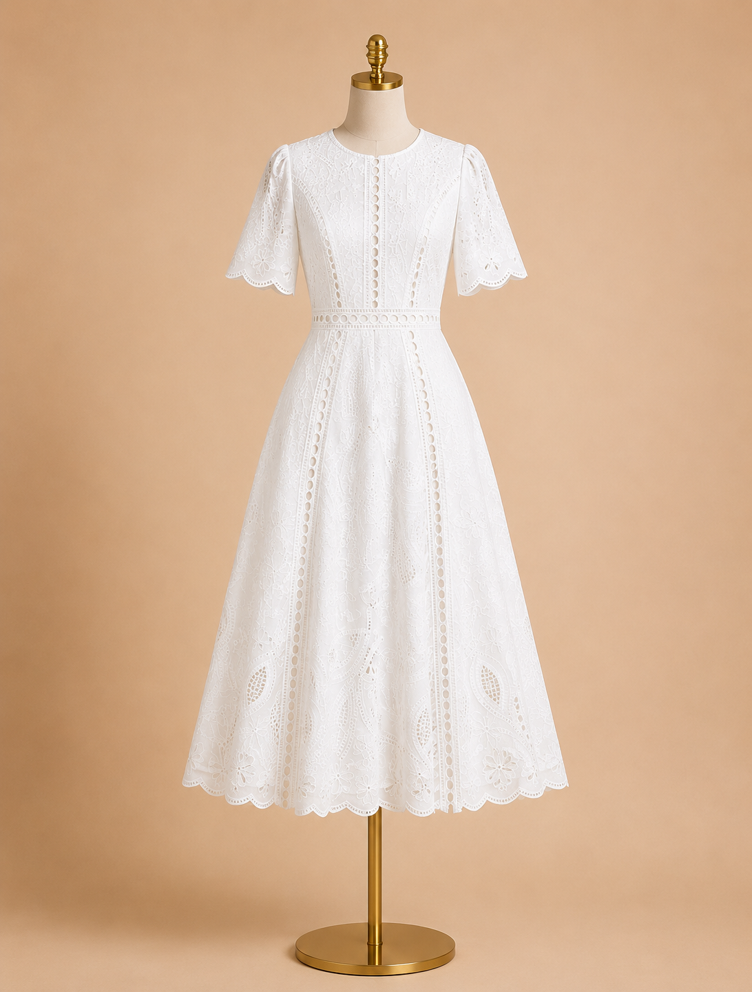 White lace midi dress with short sleeves, fitted waist, full skirt on mannequin