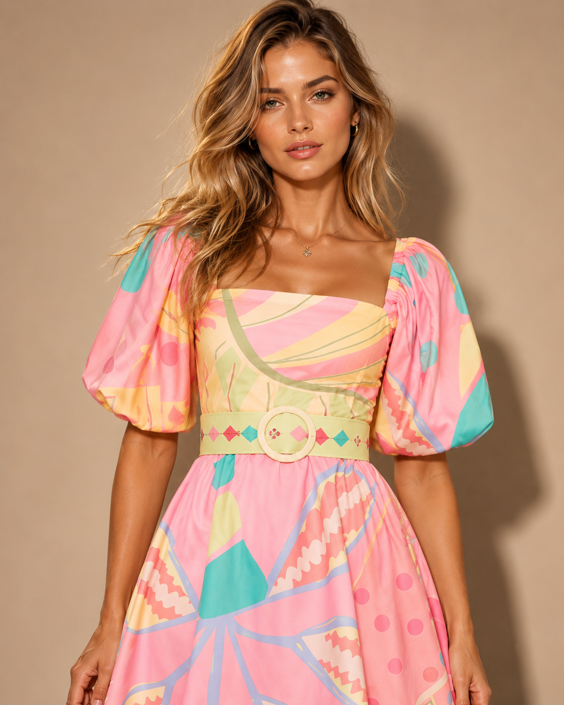 Pink printed mini dress with puff sleeves, square neckline, and waist belt
