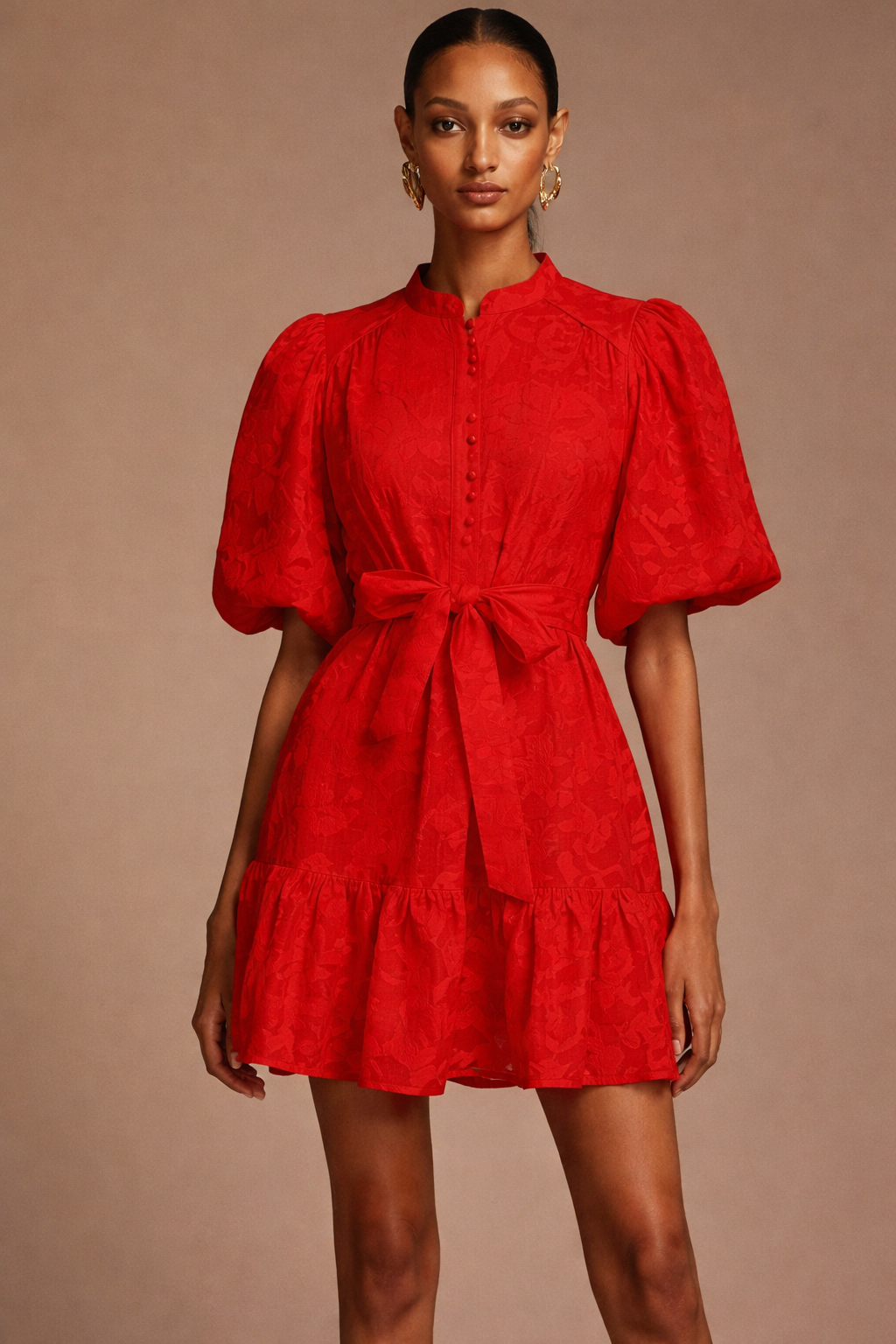 Crimson Bloom Belted Dress