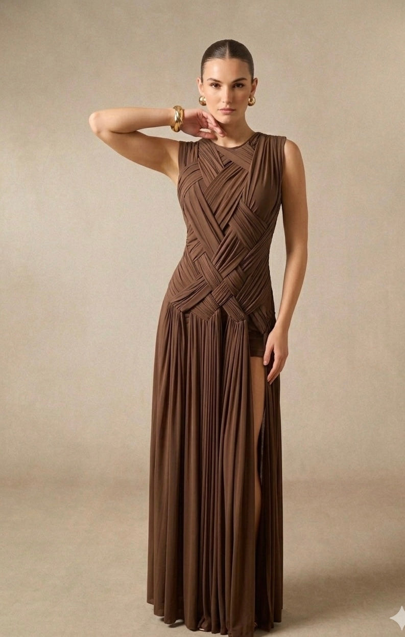 brown maxi dress sleeveless Waitlist 8/20 Janine Sleeveless Smocked Maxi Dress Brown LARGE