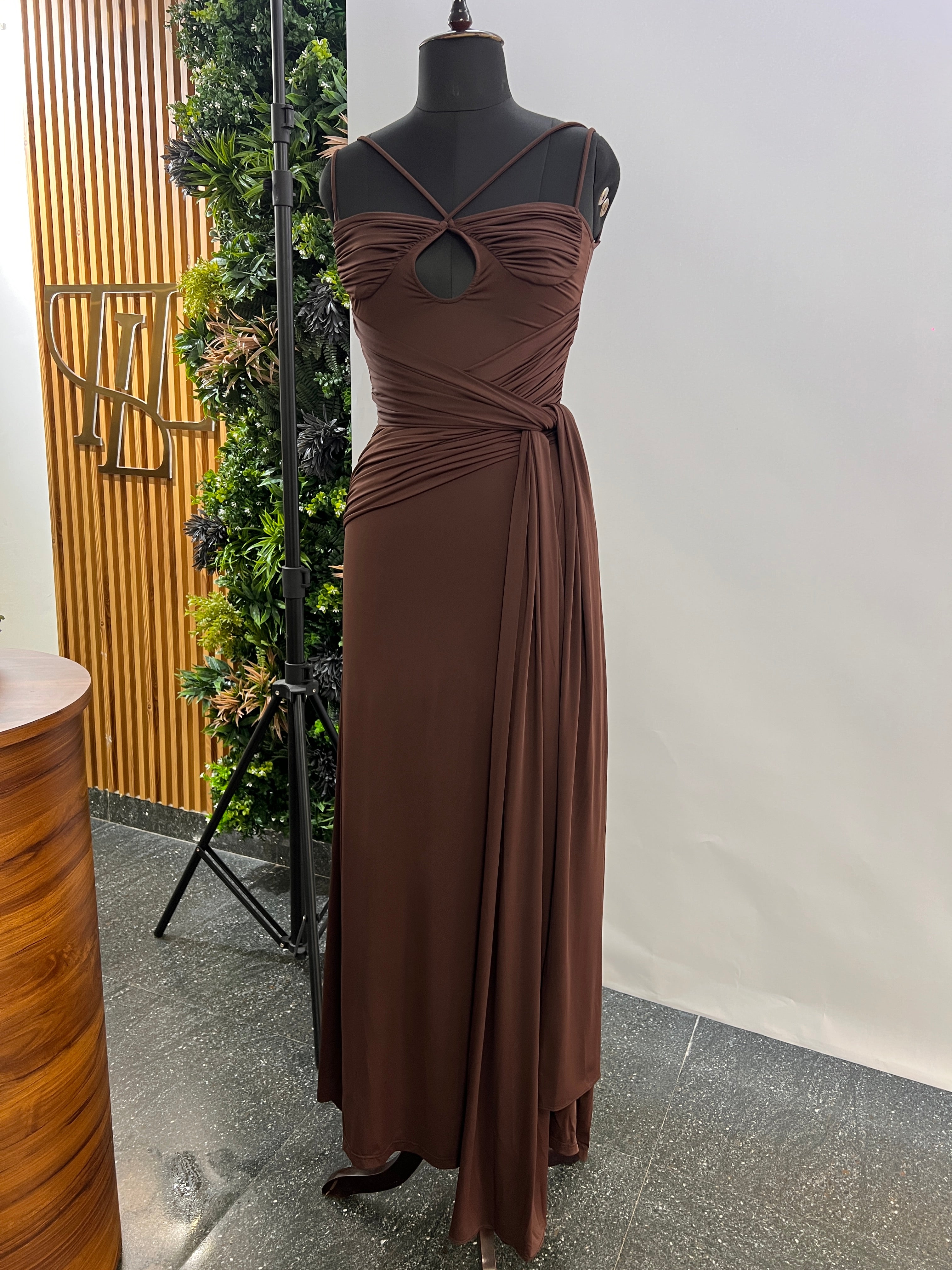 Chocolate Ruched Cutout Gown