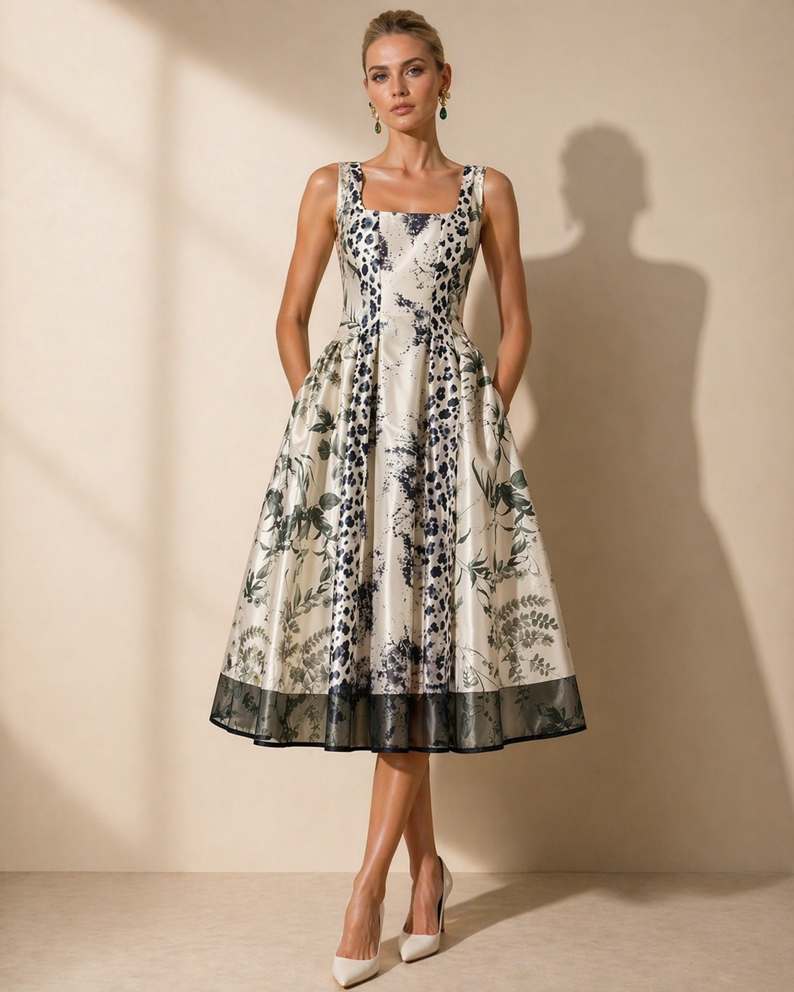 Sophisticated Mixed-Print Midi Dress