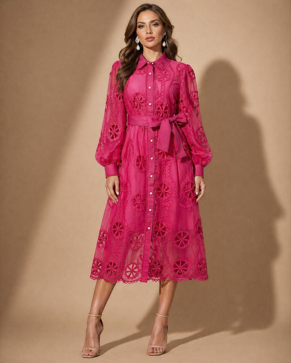 Magenta Pearl Lace Shirt Dress