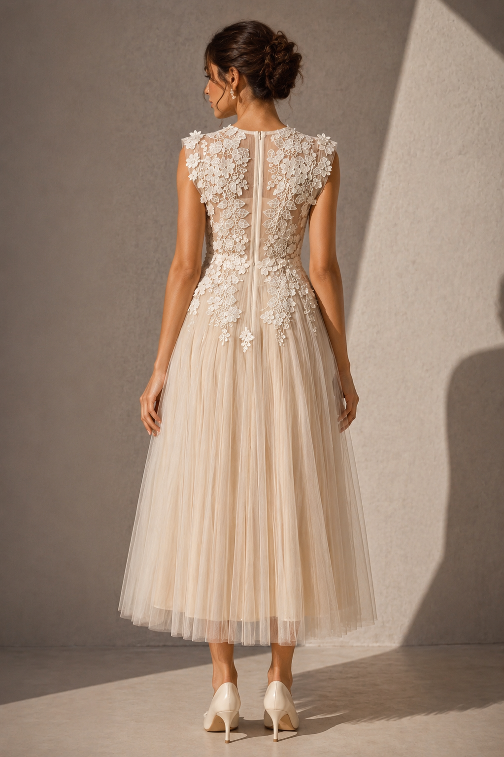 floral appliqué bodice midi dress