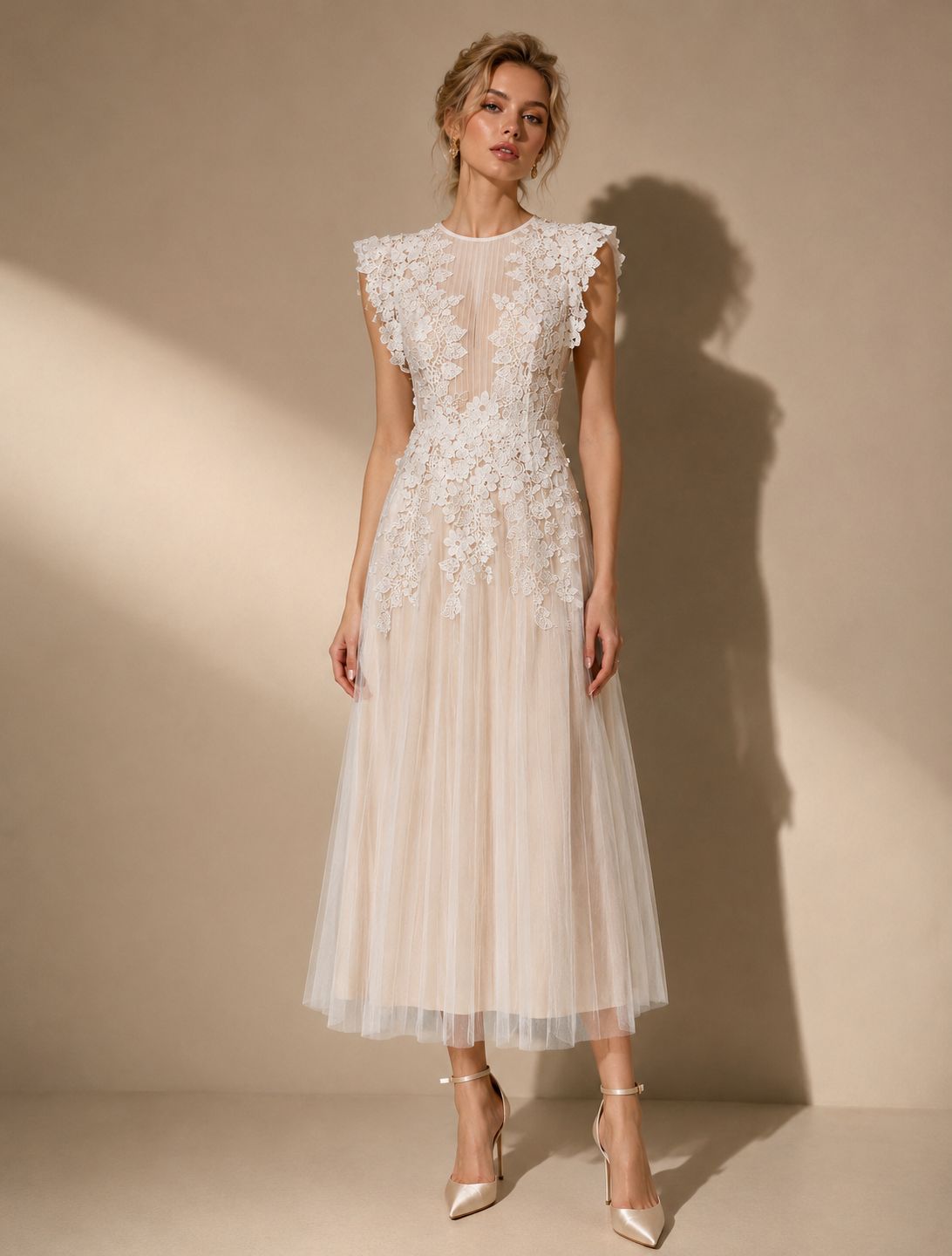floral appliqué bodice midi dress