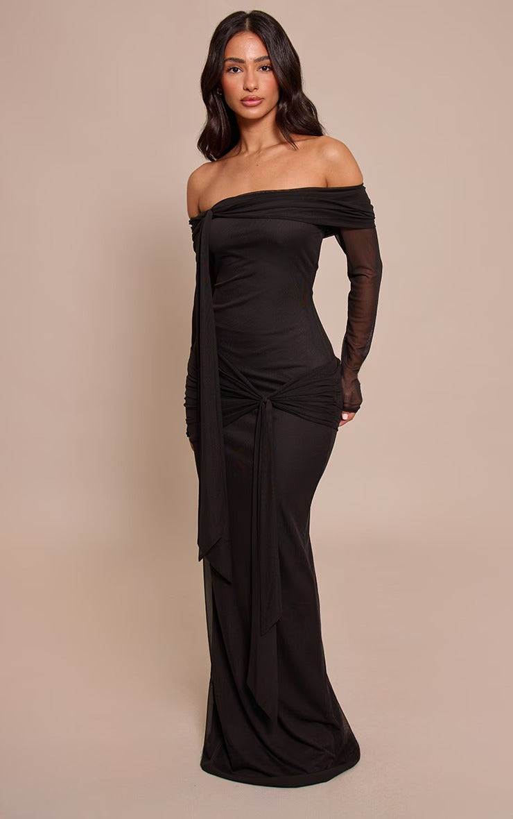 Brown Bardot Wrap Maxi Dress