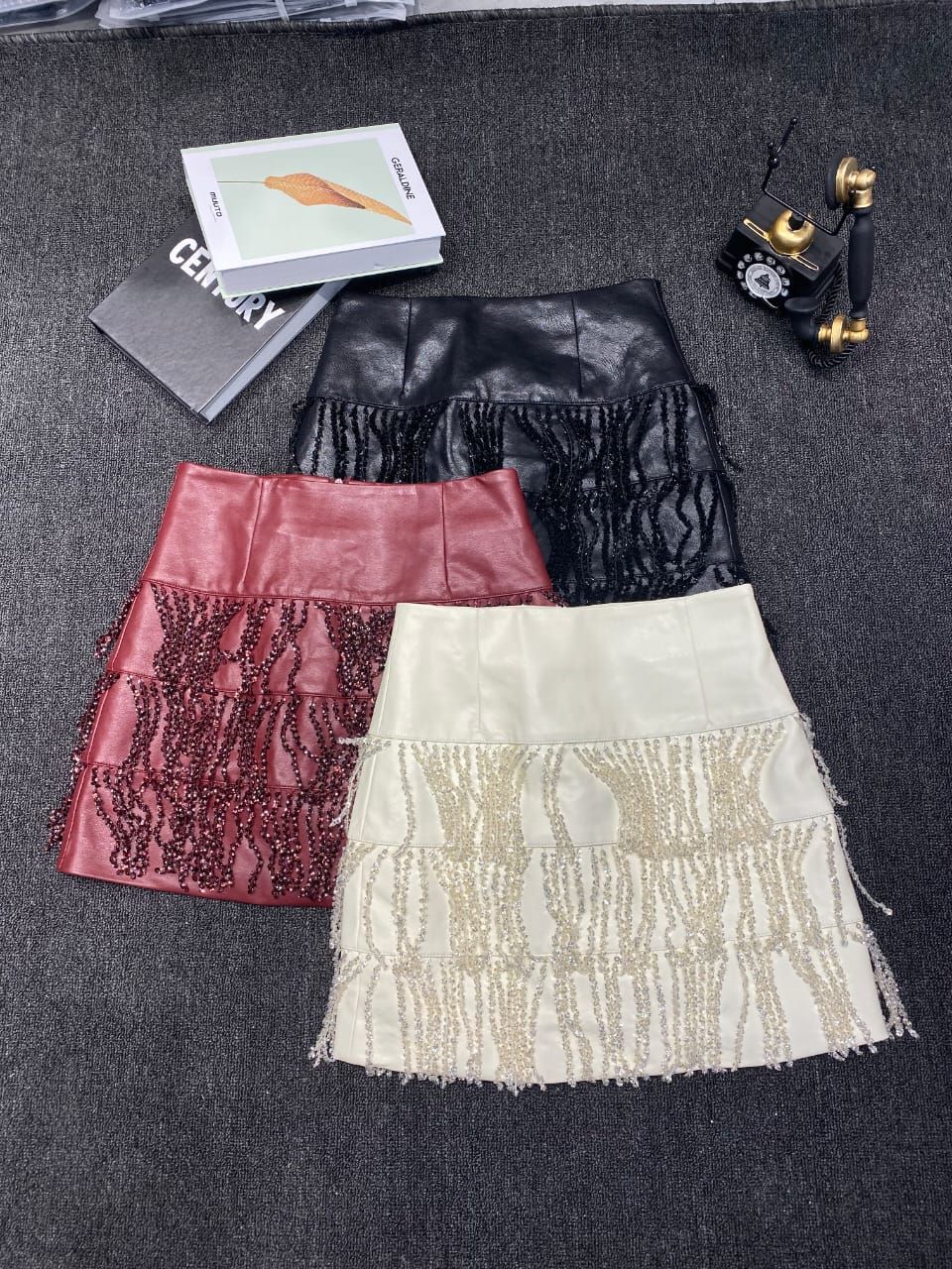 Ivory LeatherSkirt With Tassels