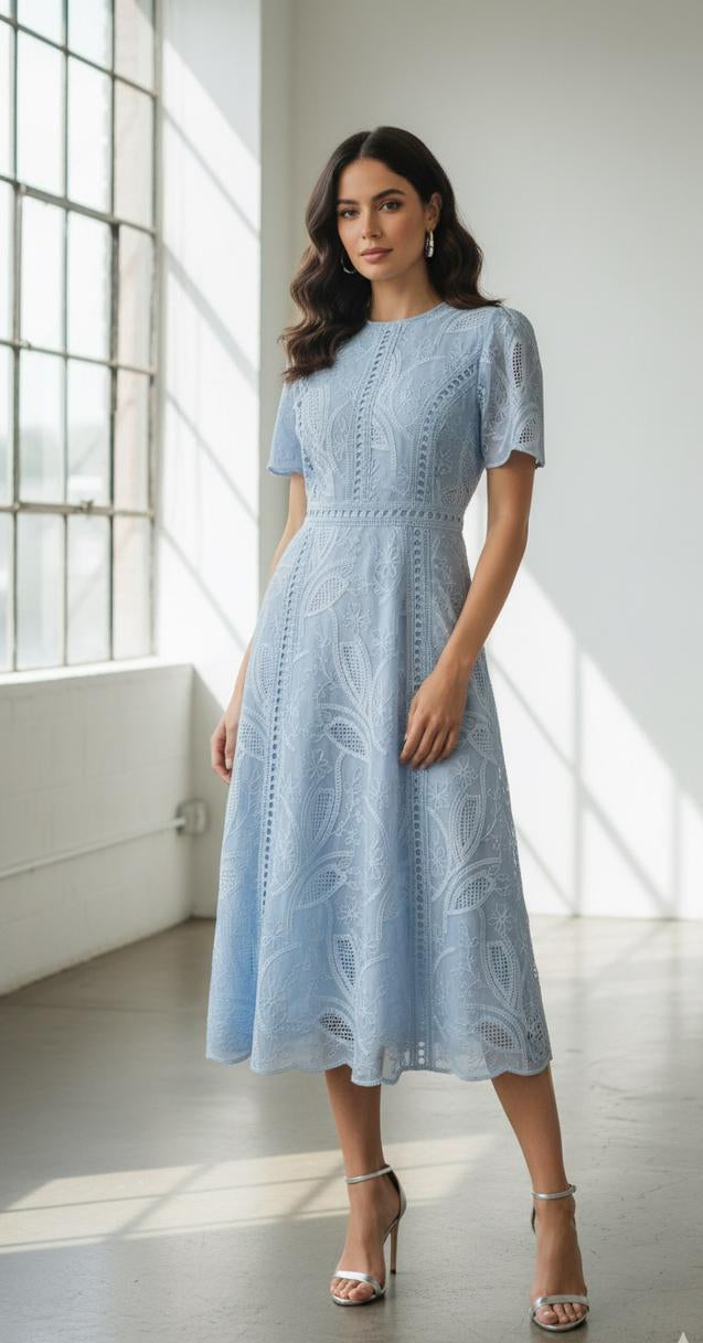 Blue Mist Lace Midi Dress