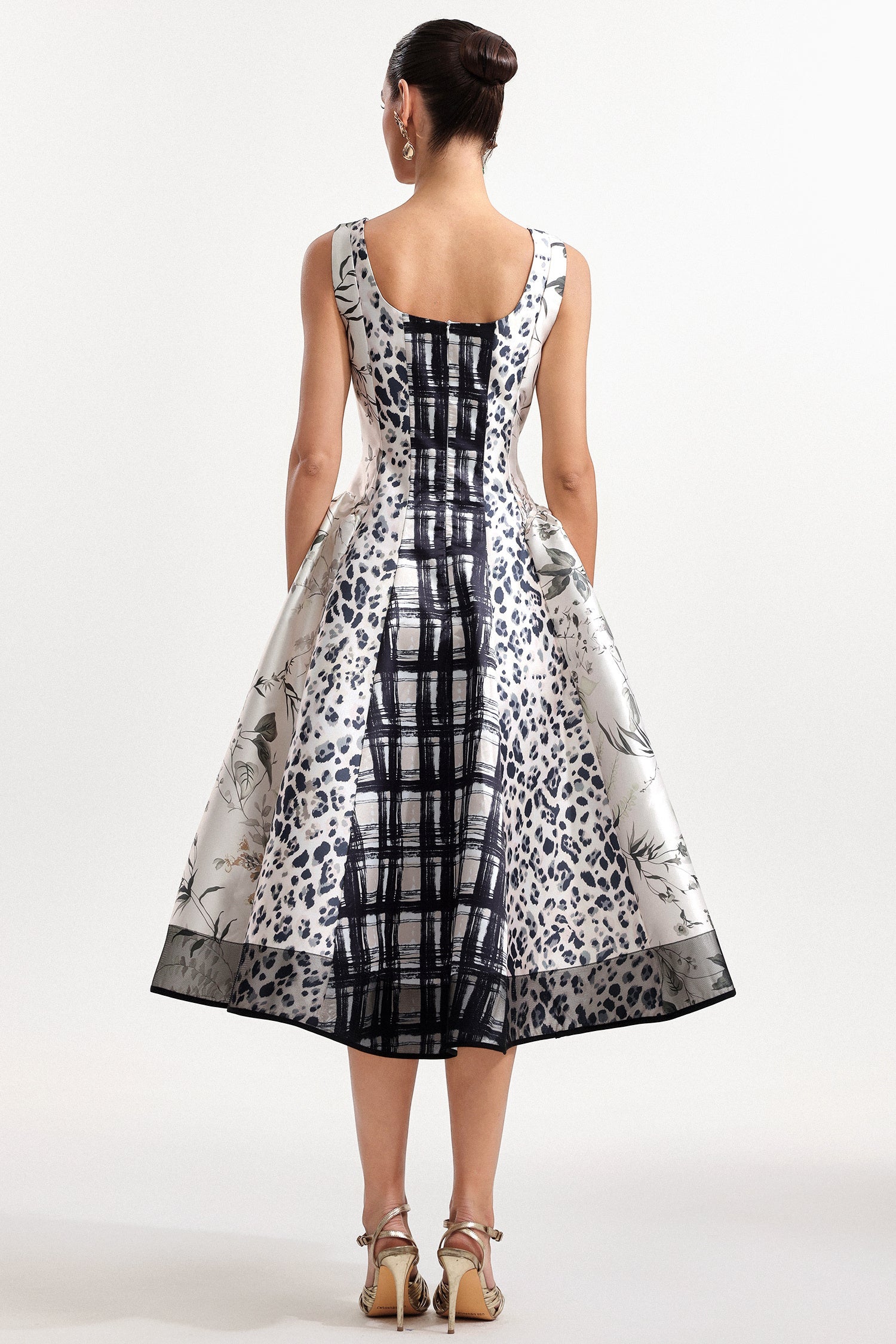 Sophisticated Mixed-Print Midi Dress