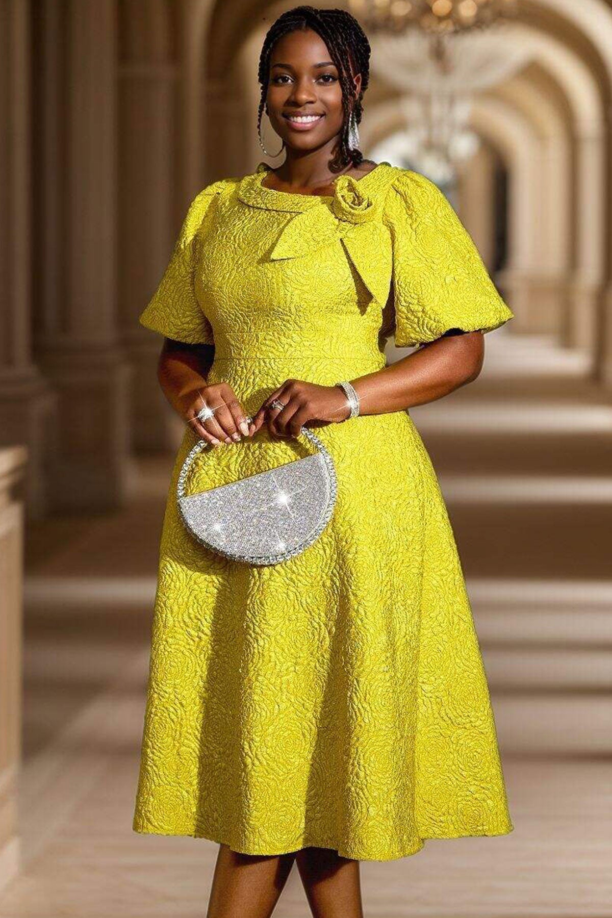 Golden Grace Bow-Detail Midi Dress