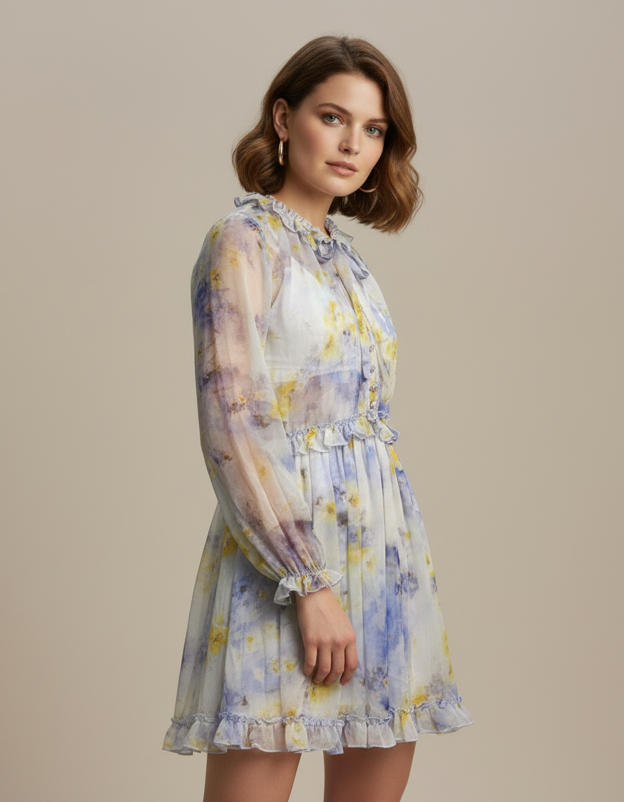 Watercolor Ruffled Mini Dress