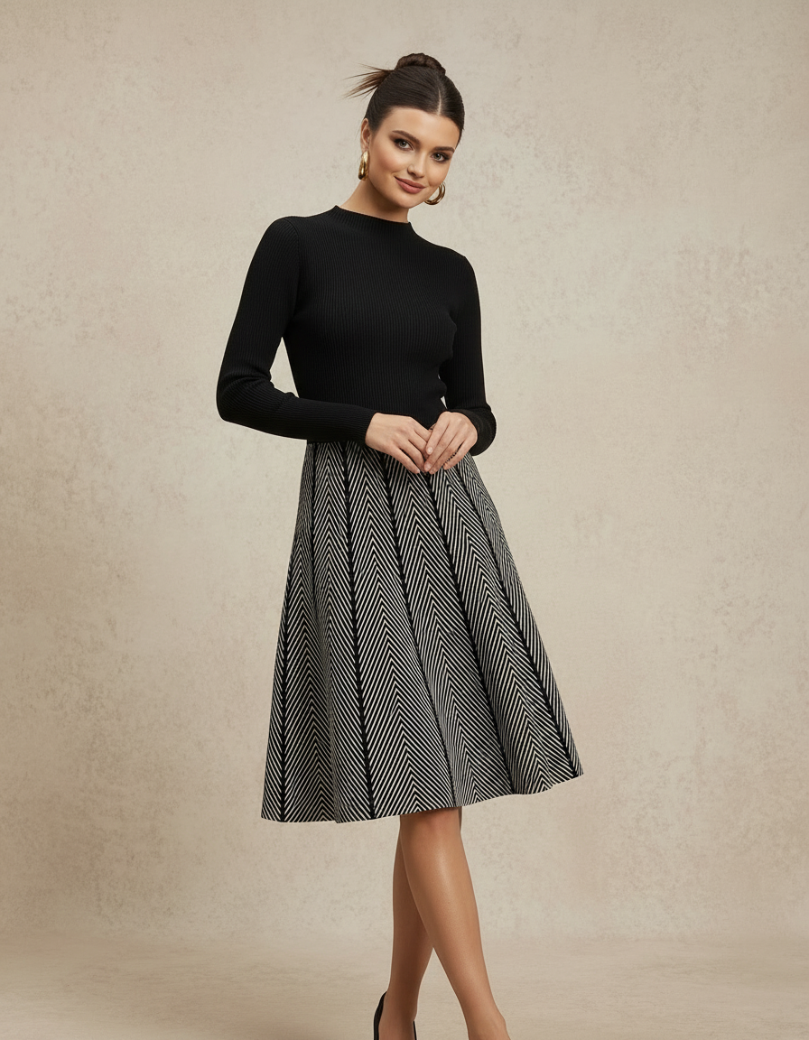 Black Knit Stripe Midi Dress