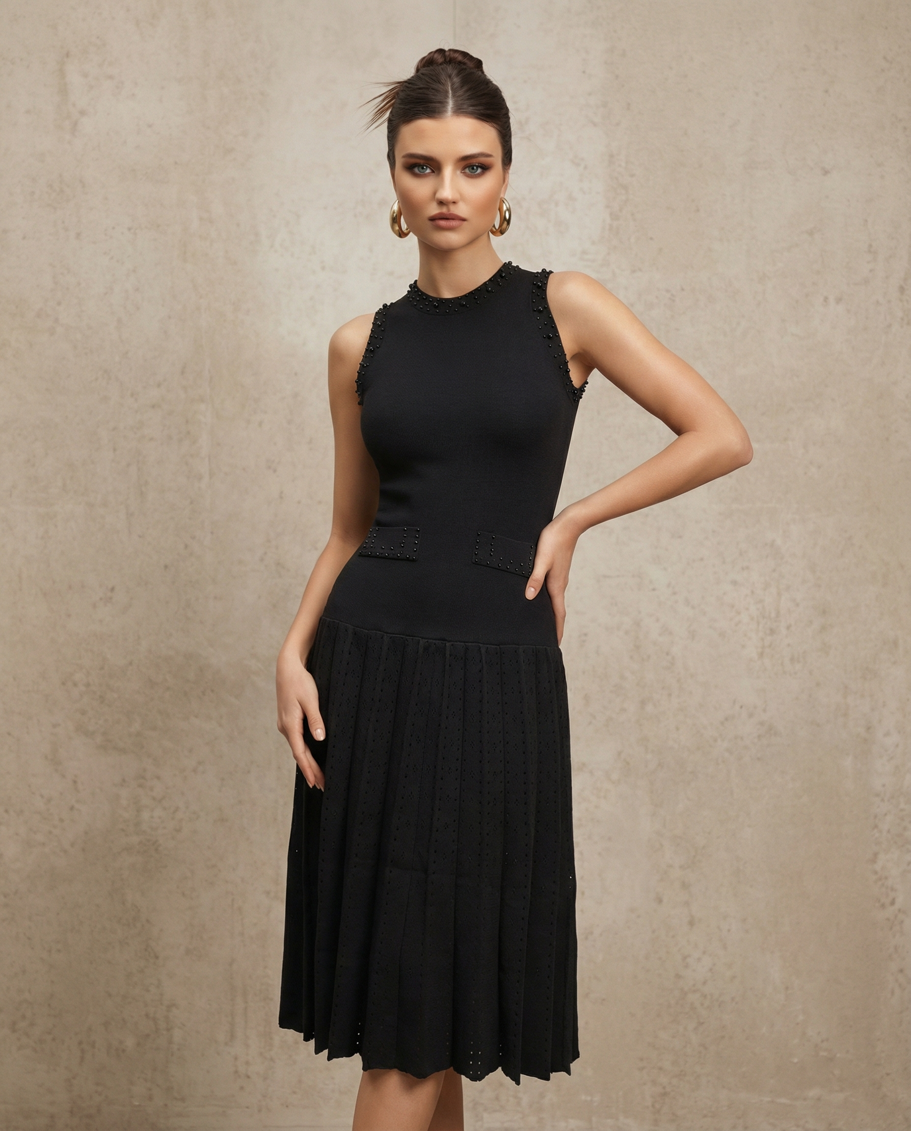 Black Beaded Sleeveless Midi Dress