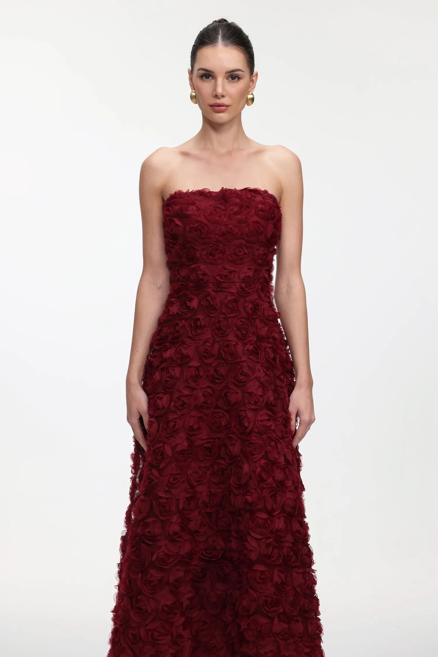 Deep Wine Blossom Strapless Gown