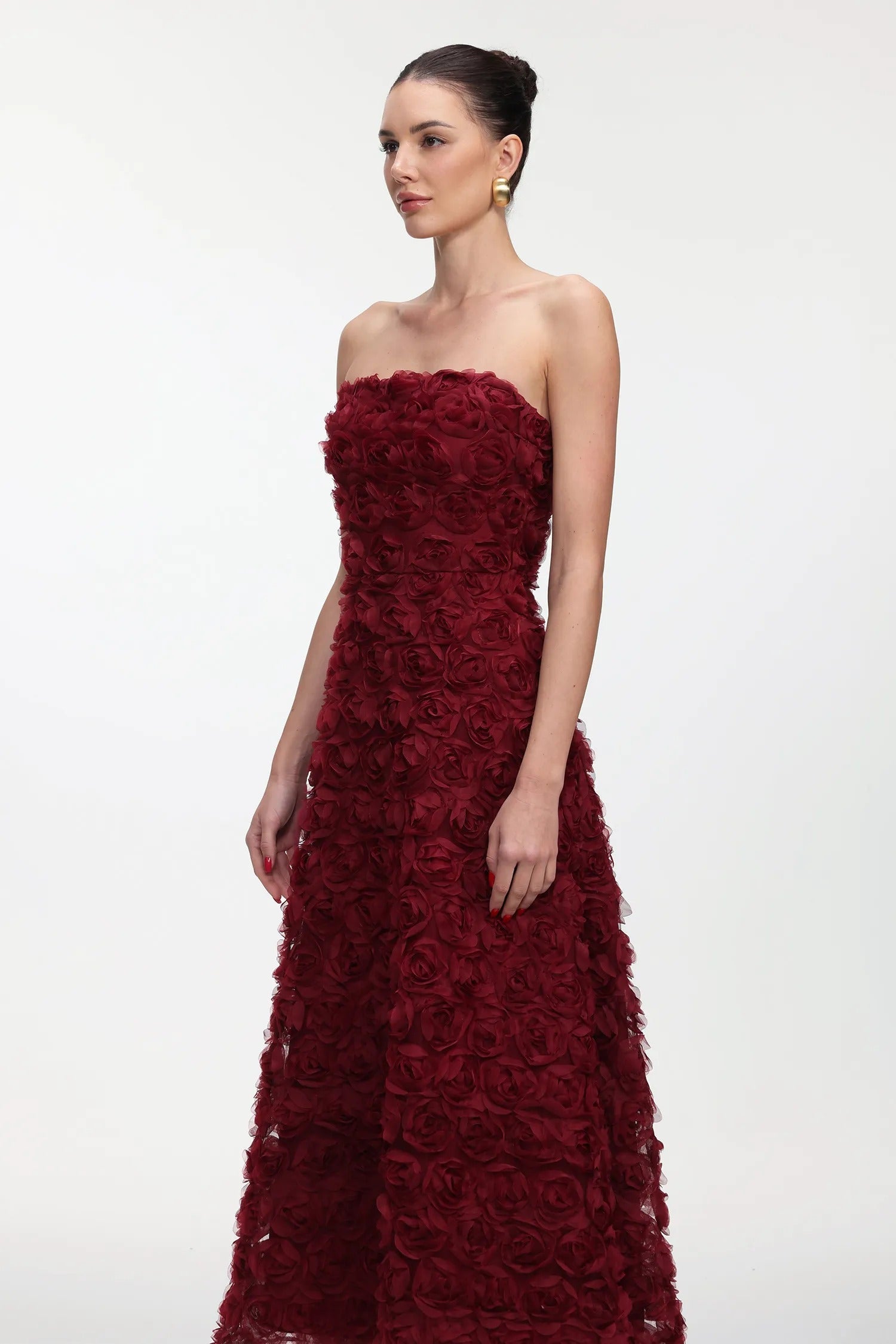 Deep Wine Blossom Strapless Gown