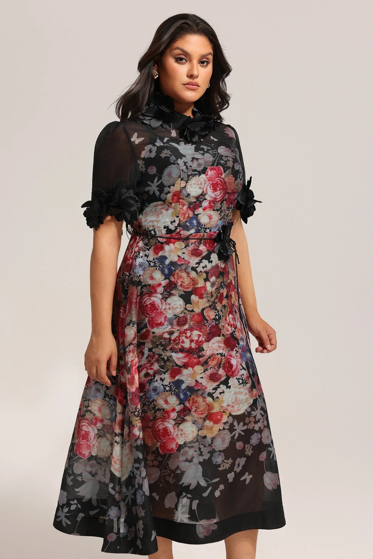 Black Floral Mesh Midi Dress