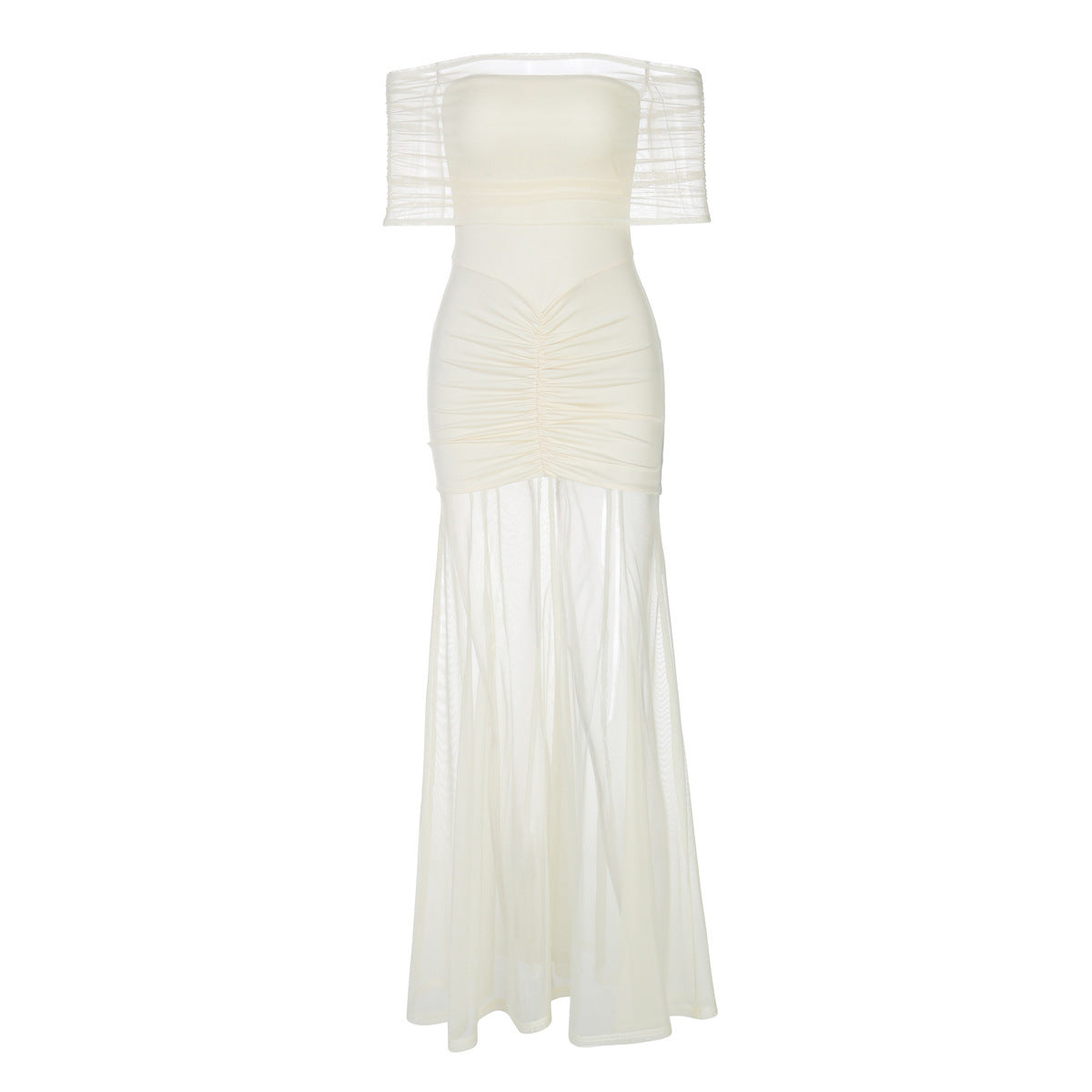 Champagne Ruched Off-Shoulder Maxi Dress