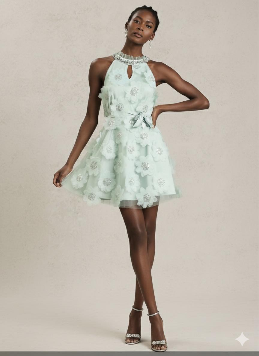 Aqua Petal Tulle Mini Dress