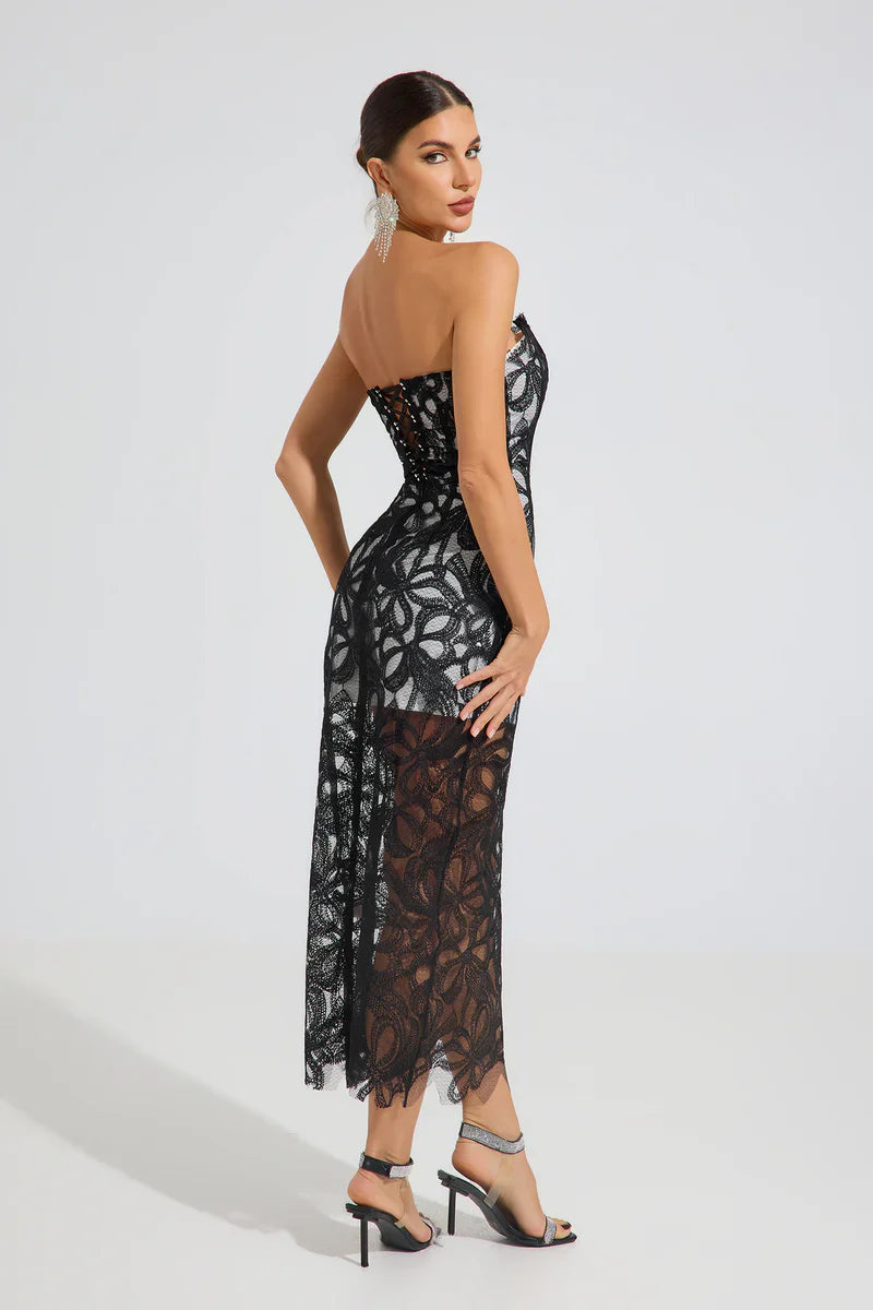 Lace Embroidered Strapless Long Dress