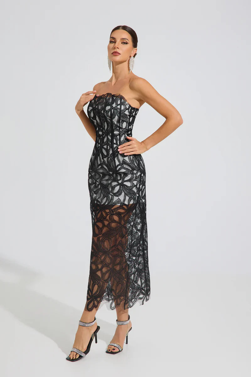 Lace Embroidered Strapless Long Dress