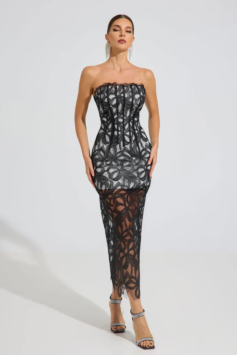 Lace Embroidered Strapless Long Dress