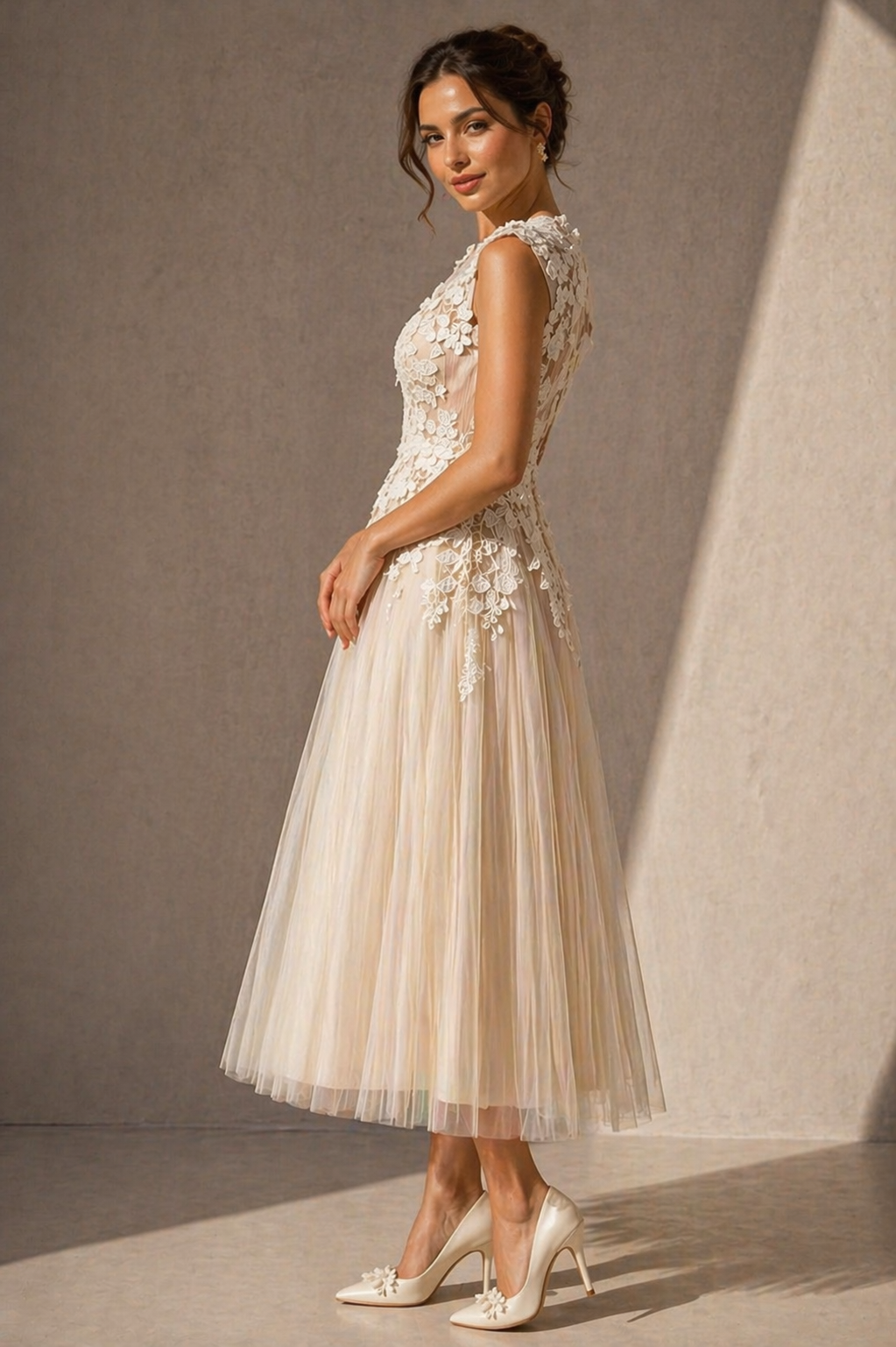 floral appliqué bodice midi dress