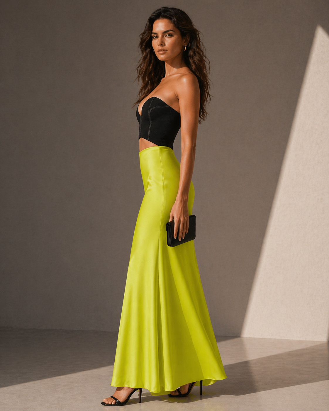 Black Bustier Cut-Out Neon Yellow Maxi Dress