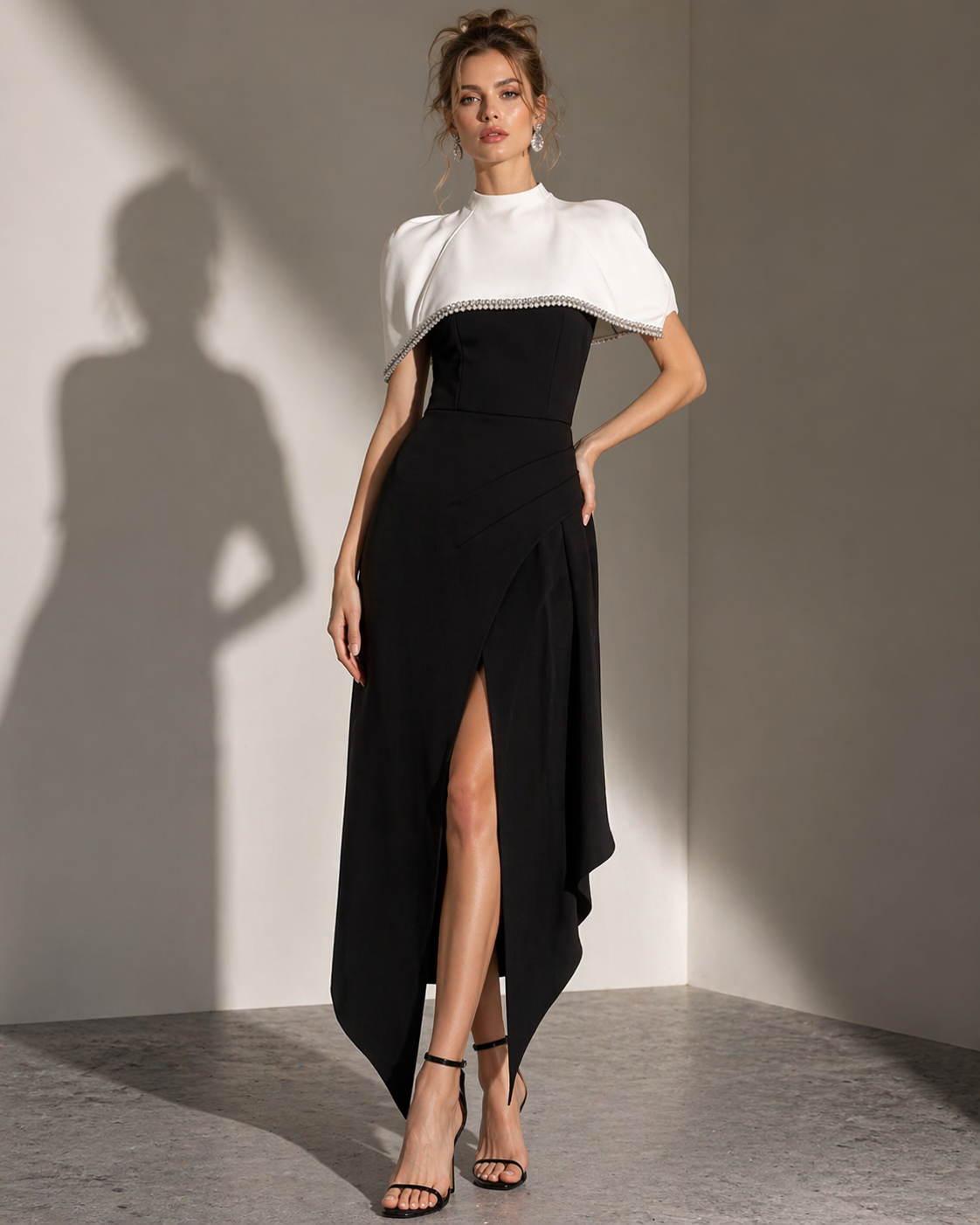 Two-Tone Embellished Capelet Midi Dress