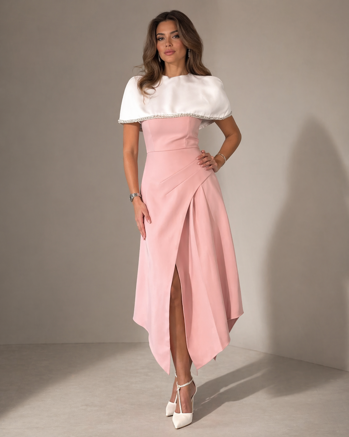 Two-Tone Embellished Capelet Midi Dress