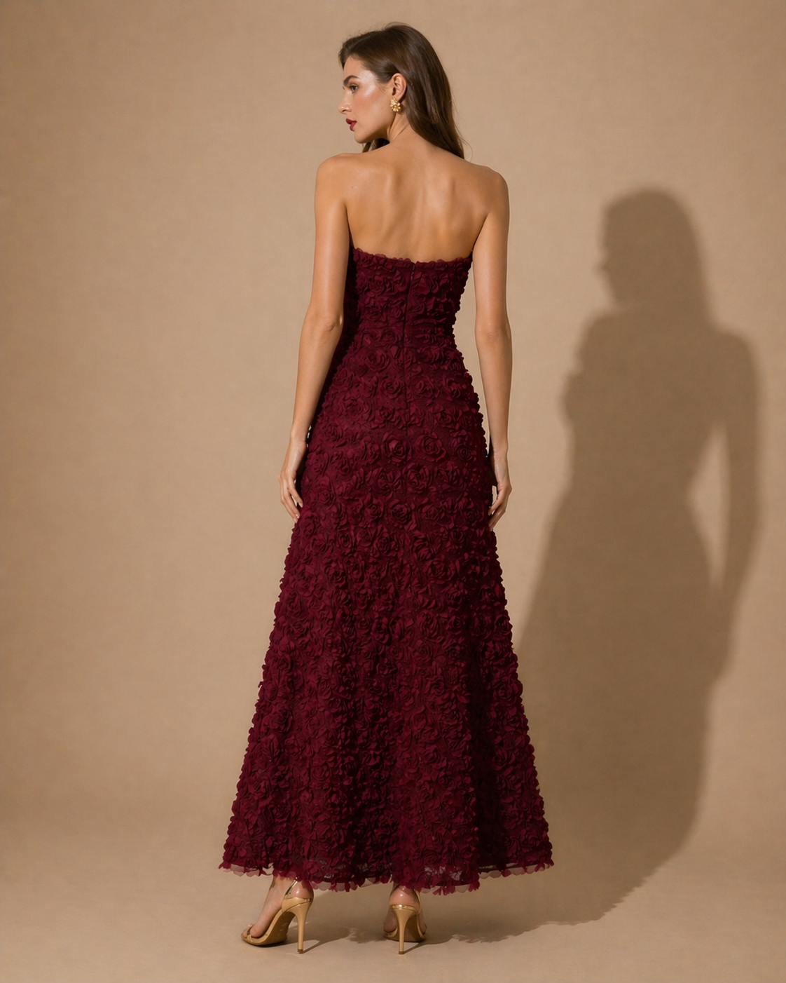 Deep Wine Blossom Strapless Gown