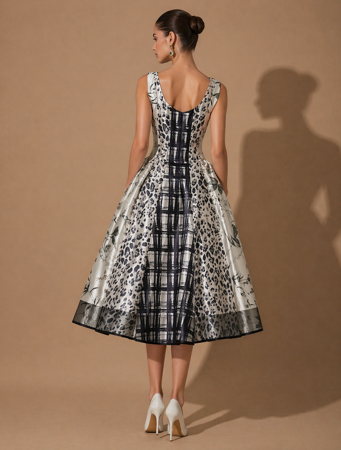 Sophisticated Mixed-Print Midi Dress
